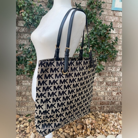MICHAEL Michael Kors Handbags - Michael Michael Kors jet set North South canvas tote beige black